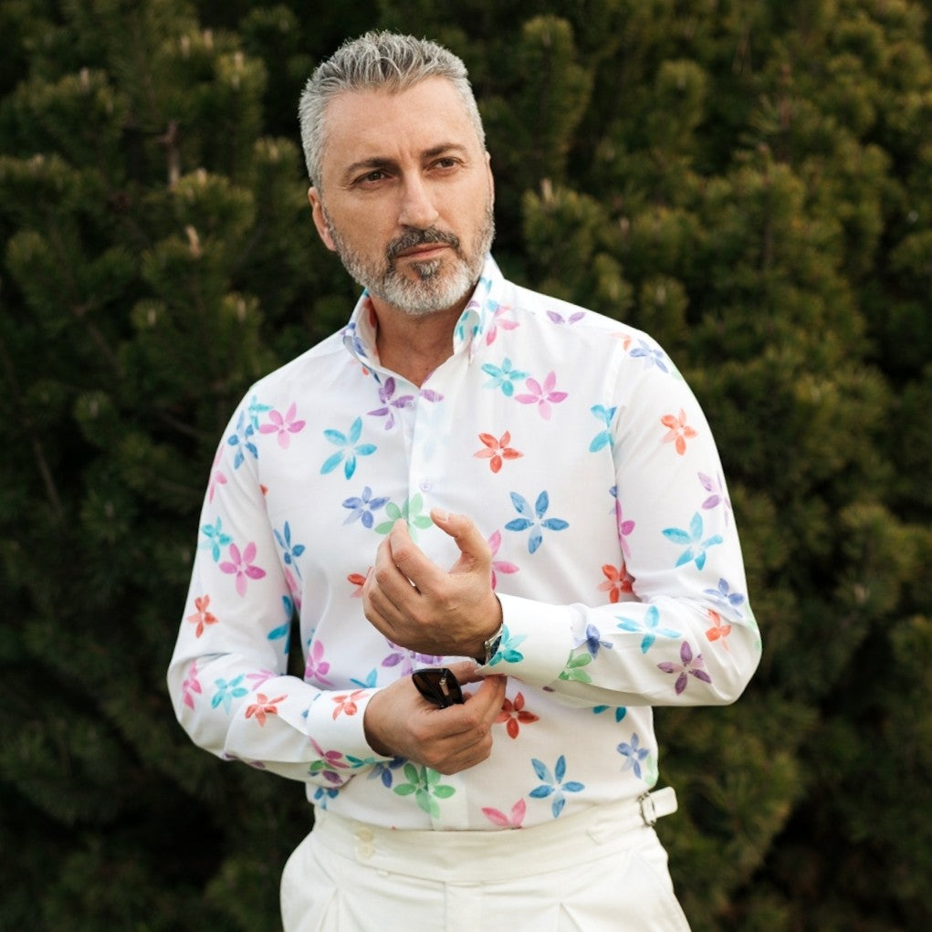 Camasa barbati casual alba imprimeu cu flori multicolore Merer