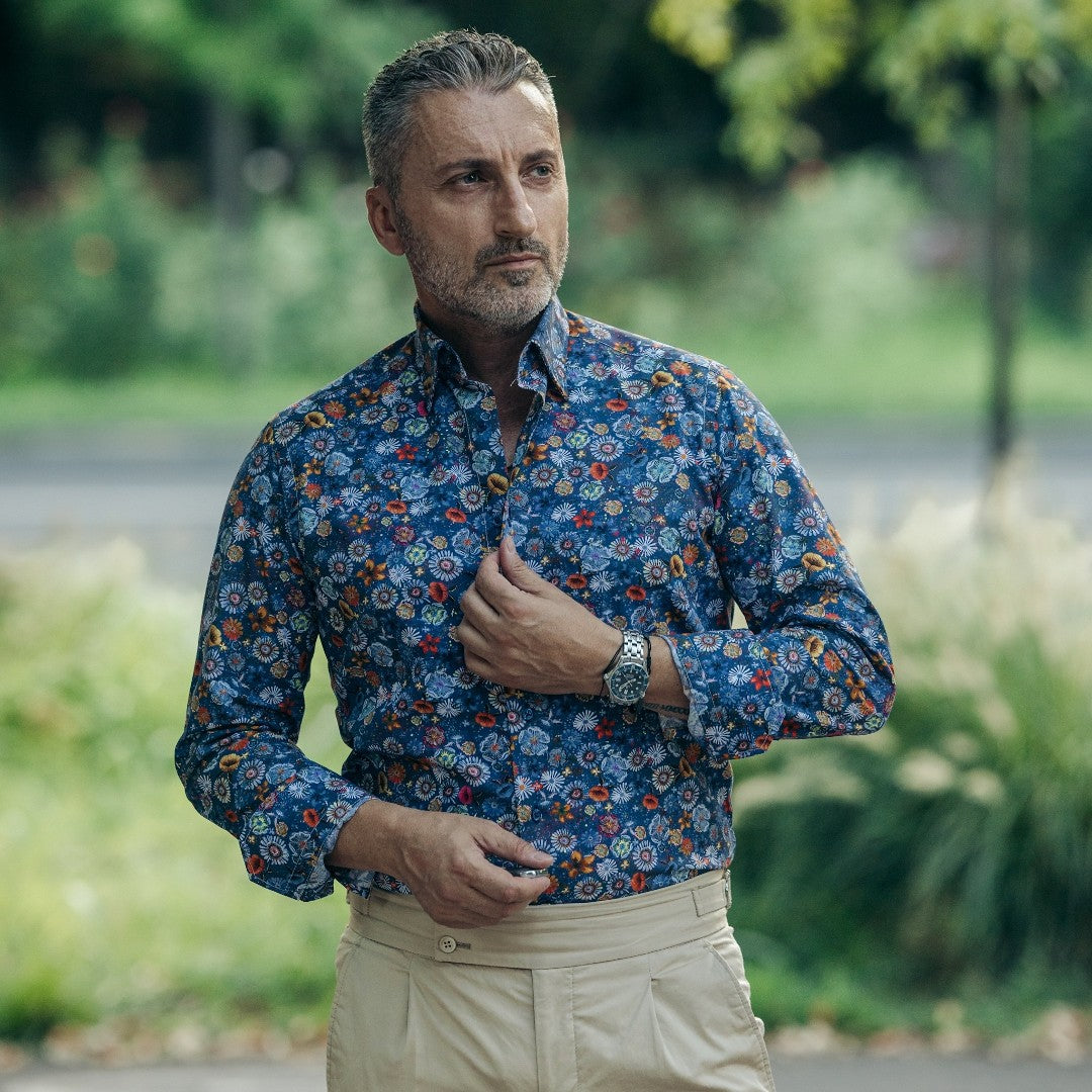 Men's casual blue printed shirt with floral pattern Merer