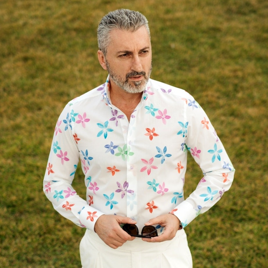 Camasa barbati casual alba imprimeu cu flori multicolore Merer