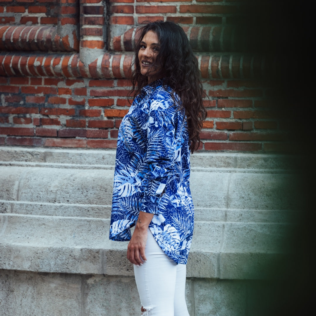 Camasa femei alba oversize model alb-albastru Merer