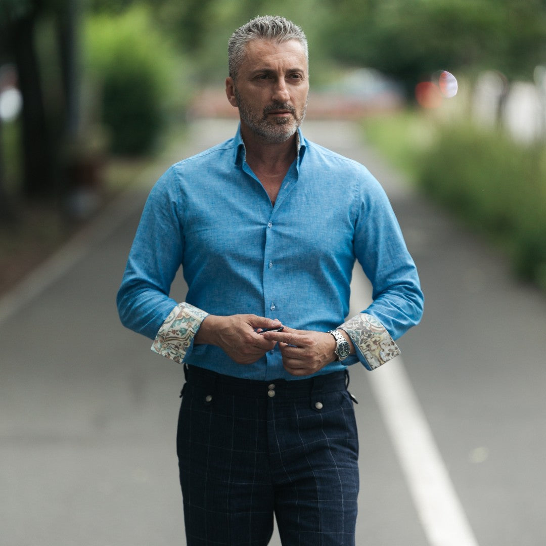 Men's casual shirt in navy-turquoise IN with Merer trims