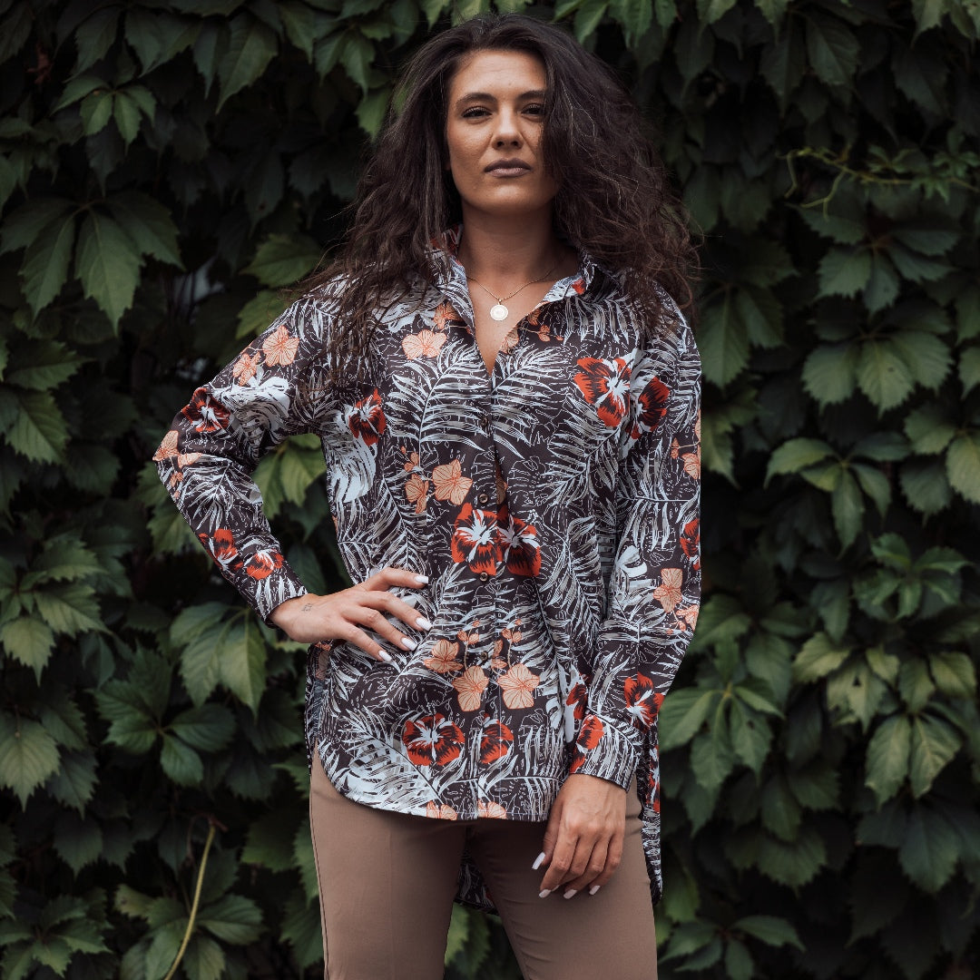 Camasa femei alba oversize model maro-caramiziu Merer