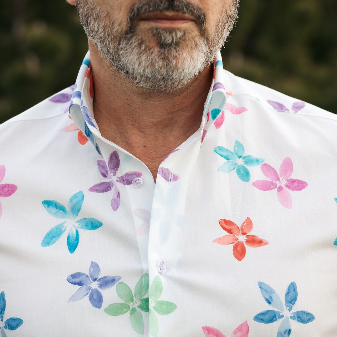 Camasa barbati casual alba imprimeu cu flori multicolore Merer