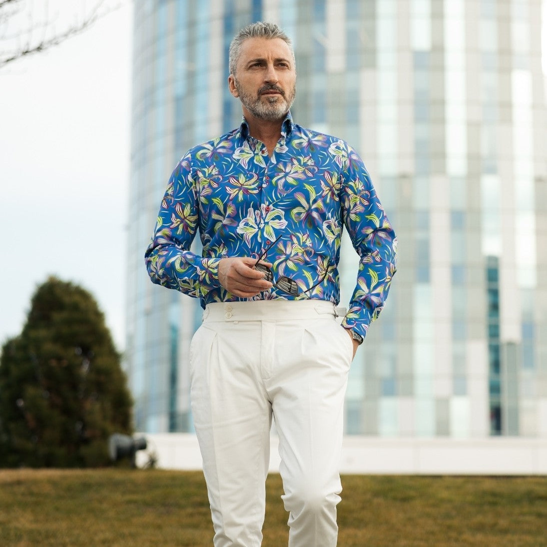 Camasa barbati casual imprimeu albastra cu flori mari Merer