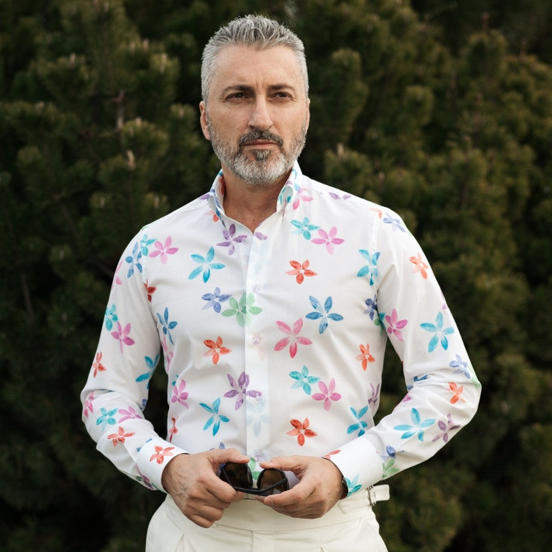 Camasa barbati casual alba imprimeu cu flori multicolore Merer