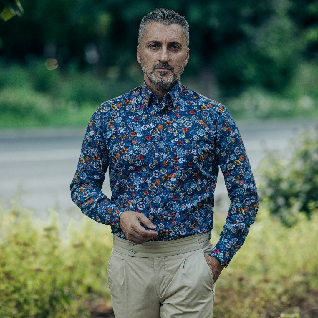 Men's casual blue printed shirt with floral pattern Merer