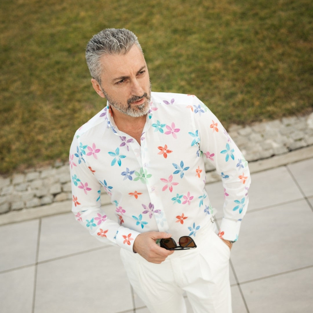 Camasa barbati casual alba imprimeu cu flori multicolore Merer