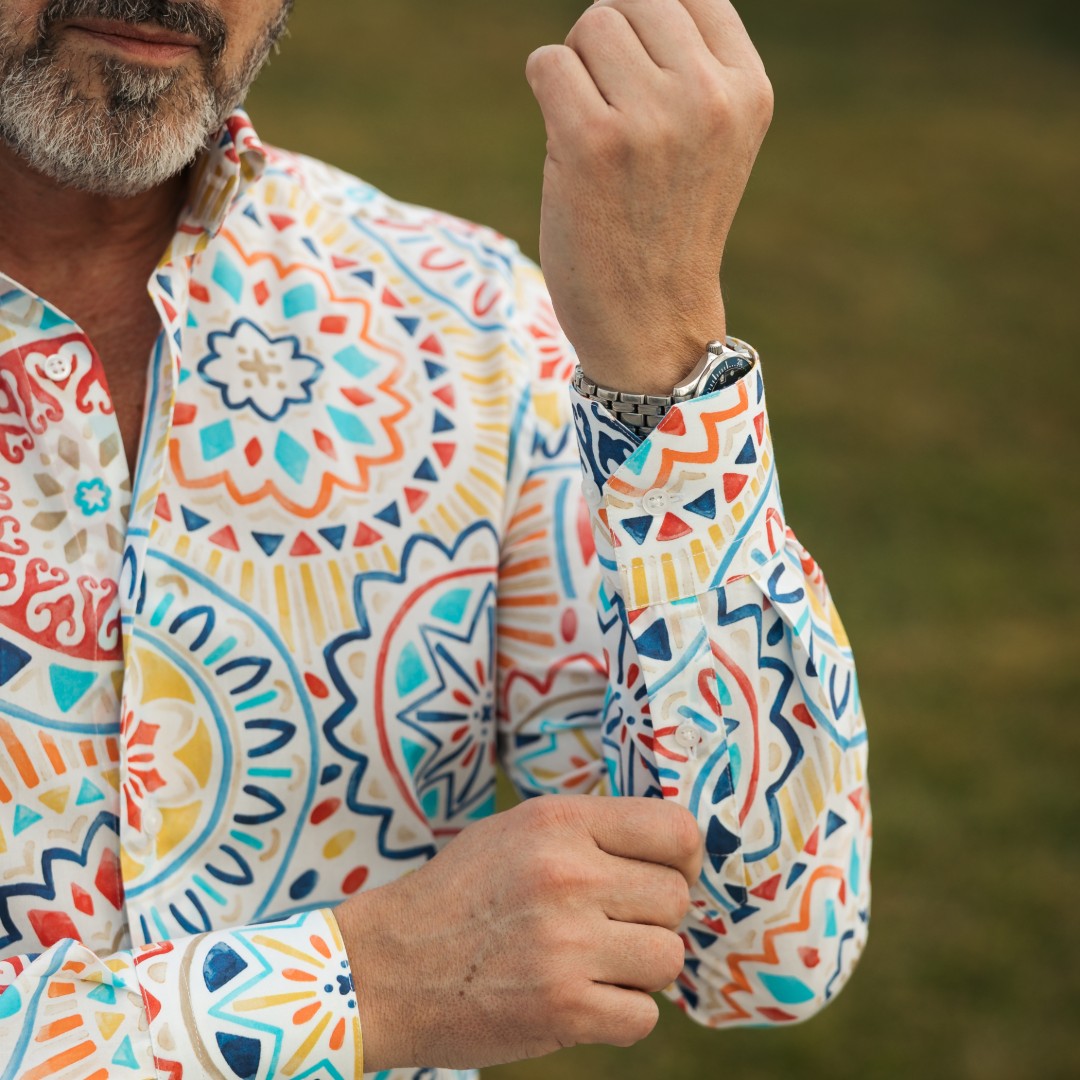 Men's casual white print shirt with tribal pattern Merer
