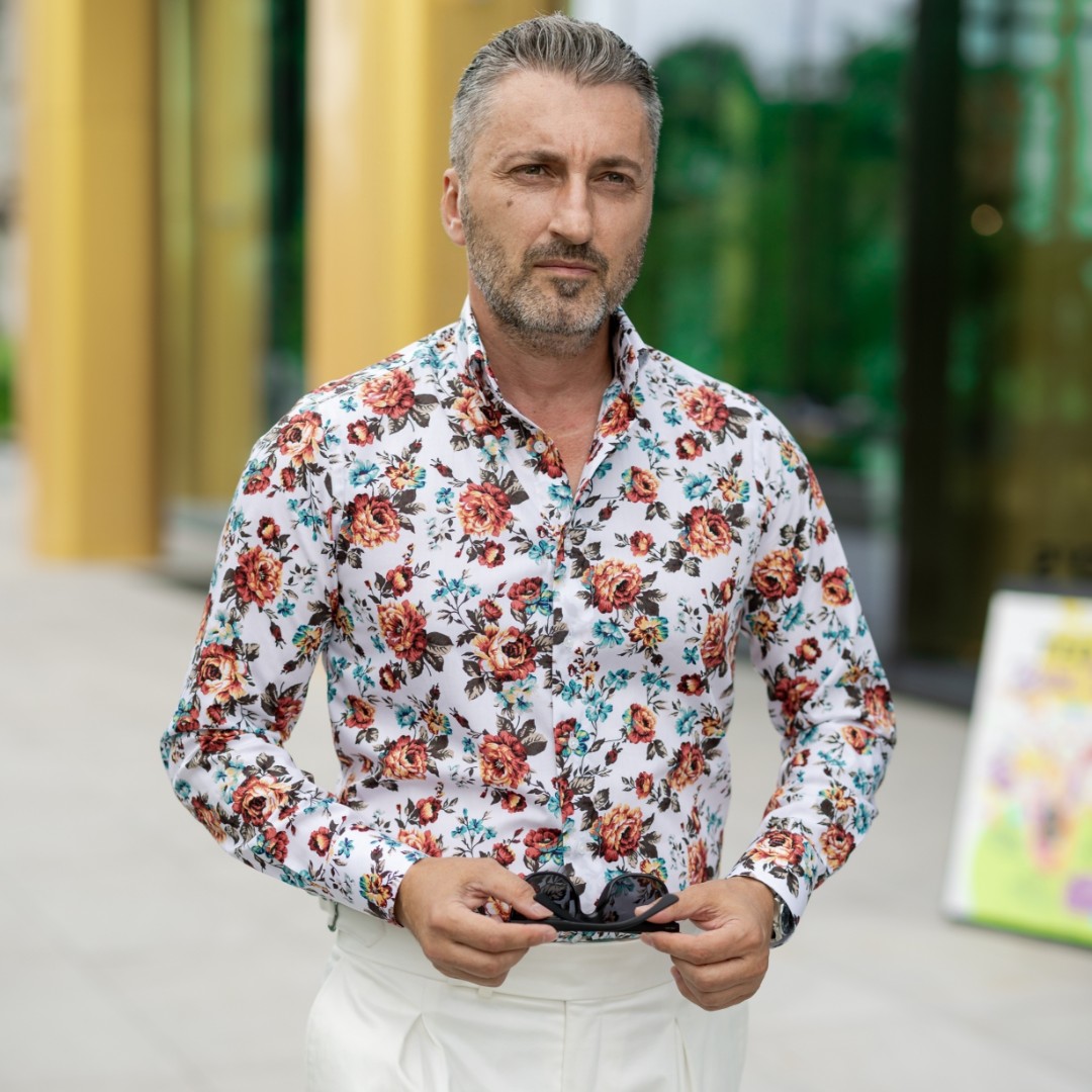 Camasa barbati casual alba imprimeu model floral Merer