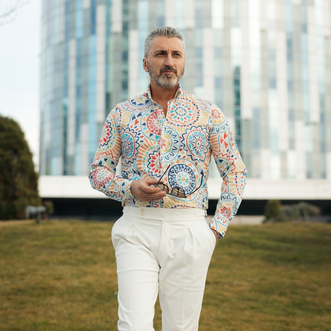 Camasa barbati casual imprimeu alba cu model tribal Merer