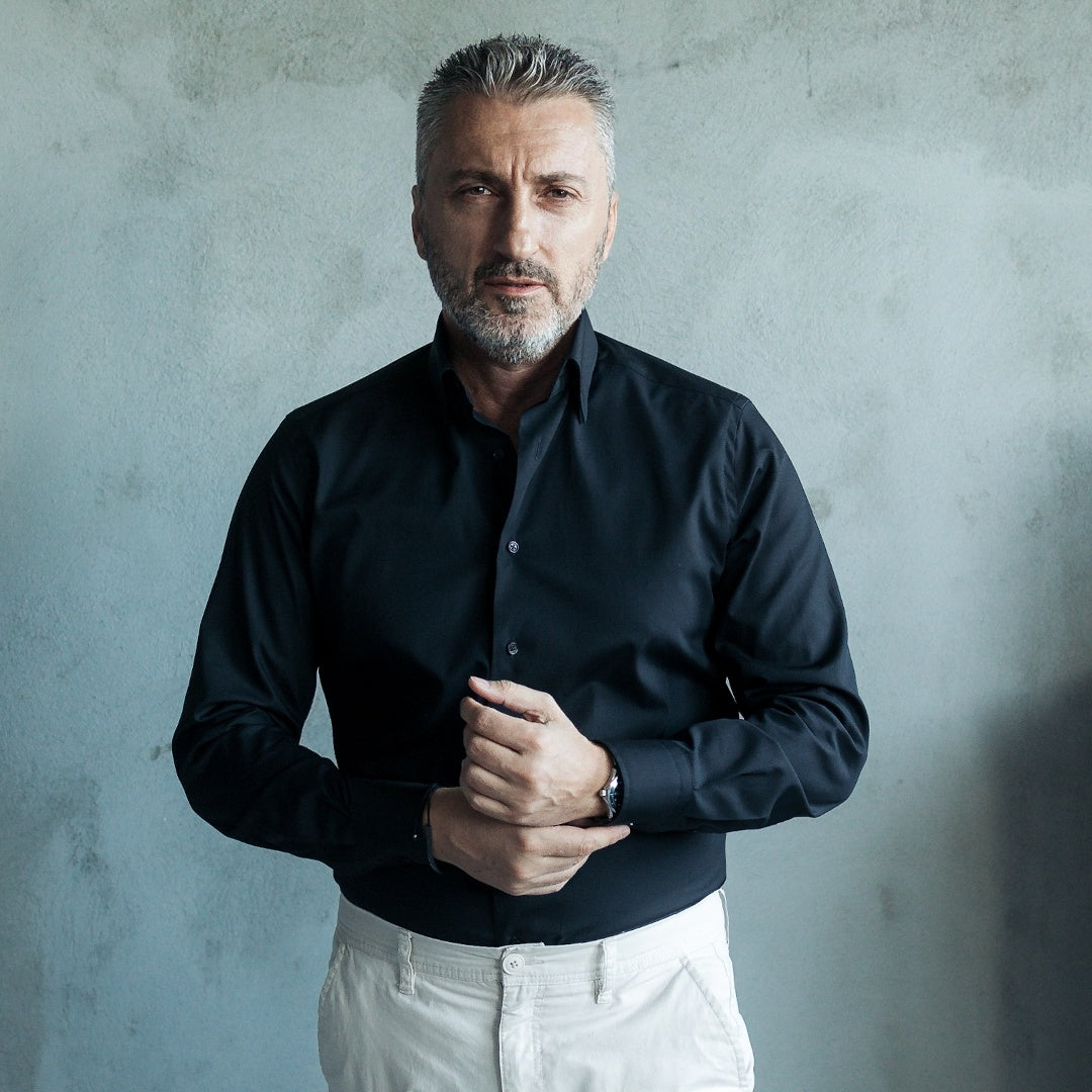 Camasa barbati neagra uni casual cu nasturi asortati Merer