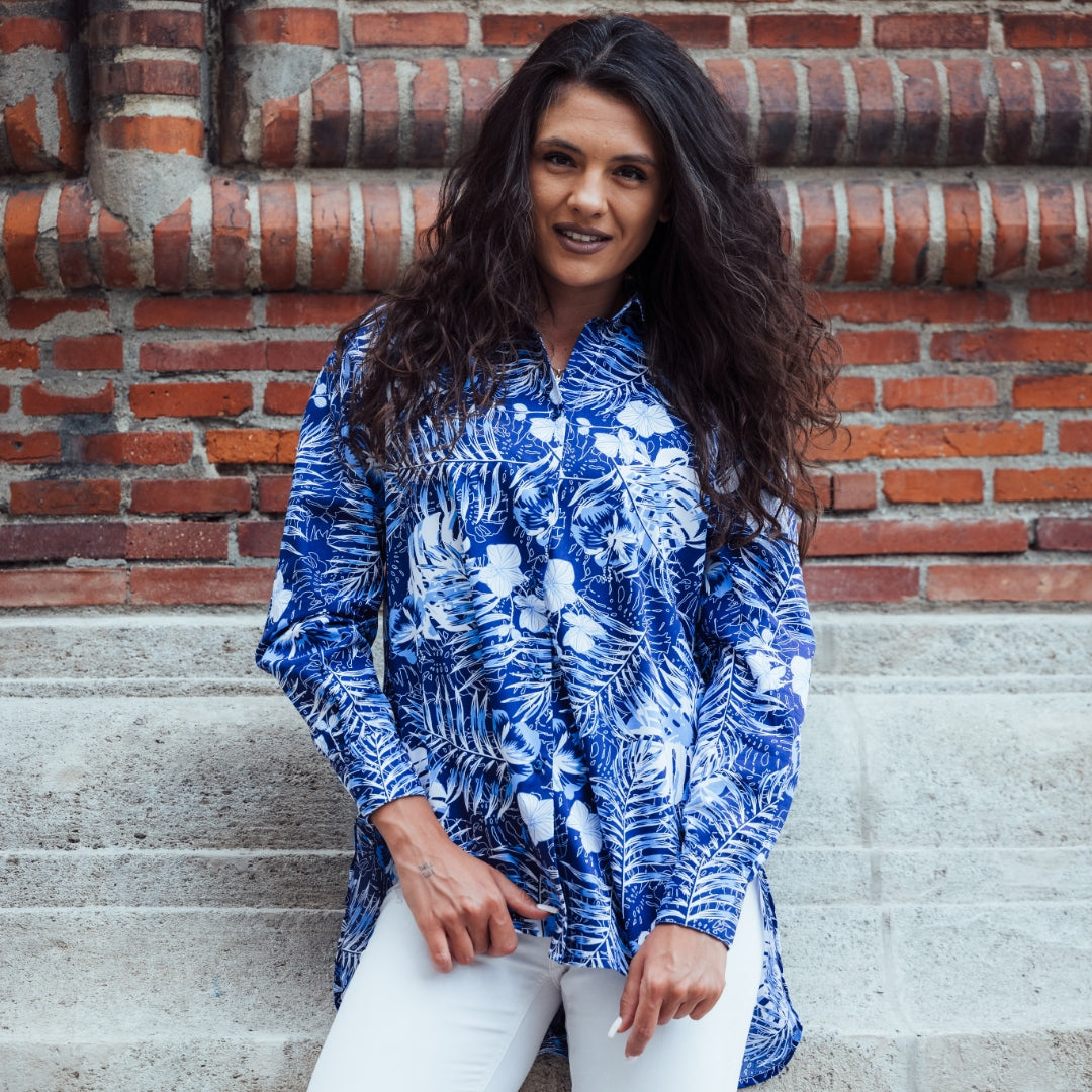 Camasa femei alba oversize model alb-albastru Merer