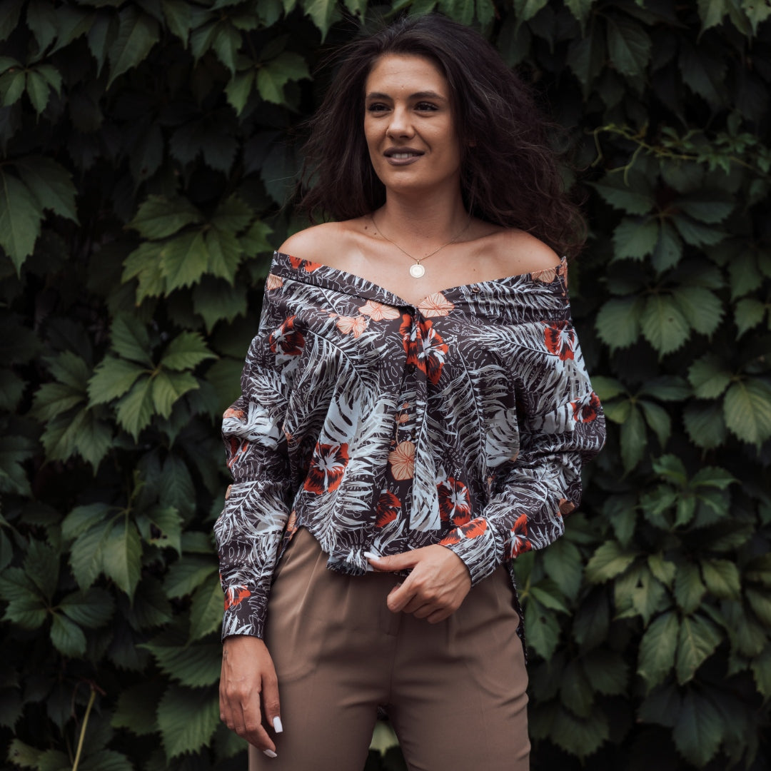 Camasa femei alba oversize model maro-caramiziu Merer