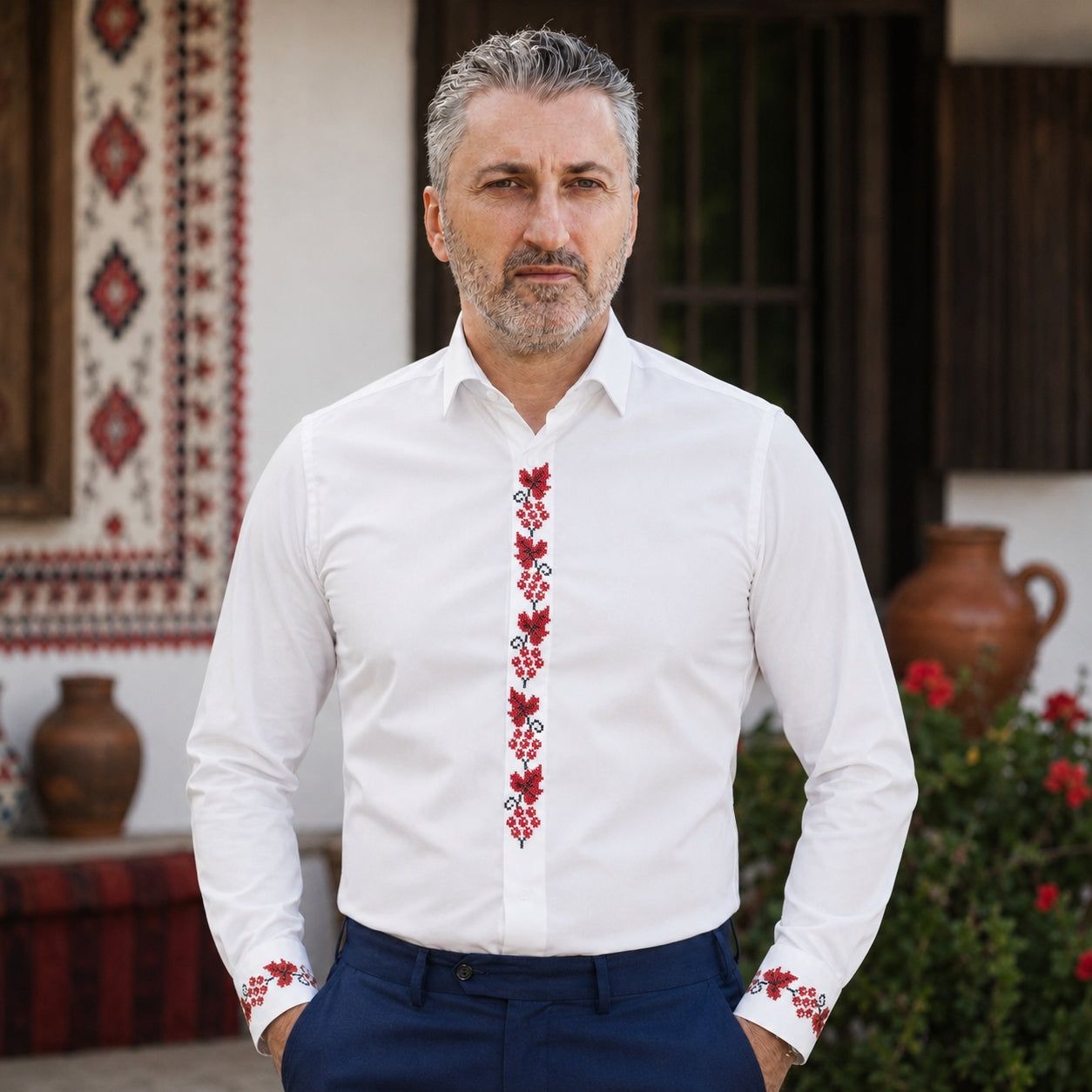 Men's casual white traditional shirt embroidered with grape motifs Merer