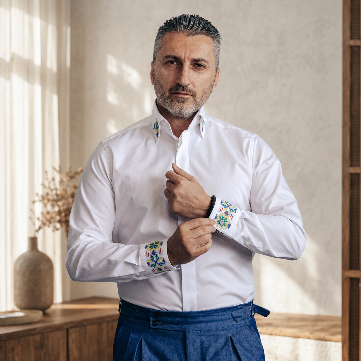 Men's casual white shirt with classic long collar and traditional embroidered motifs Merer