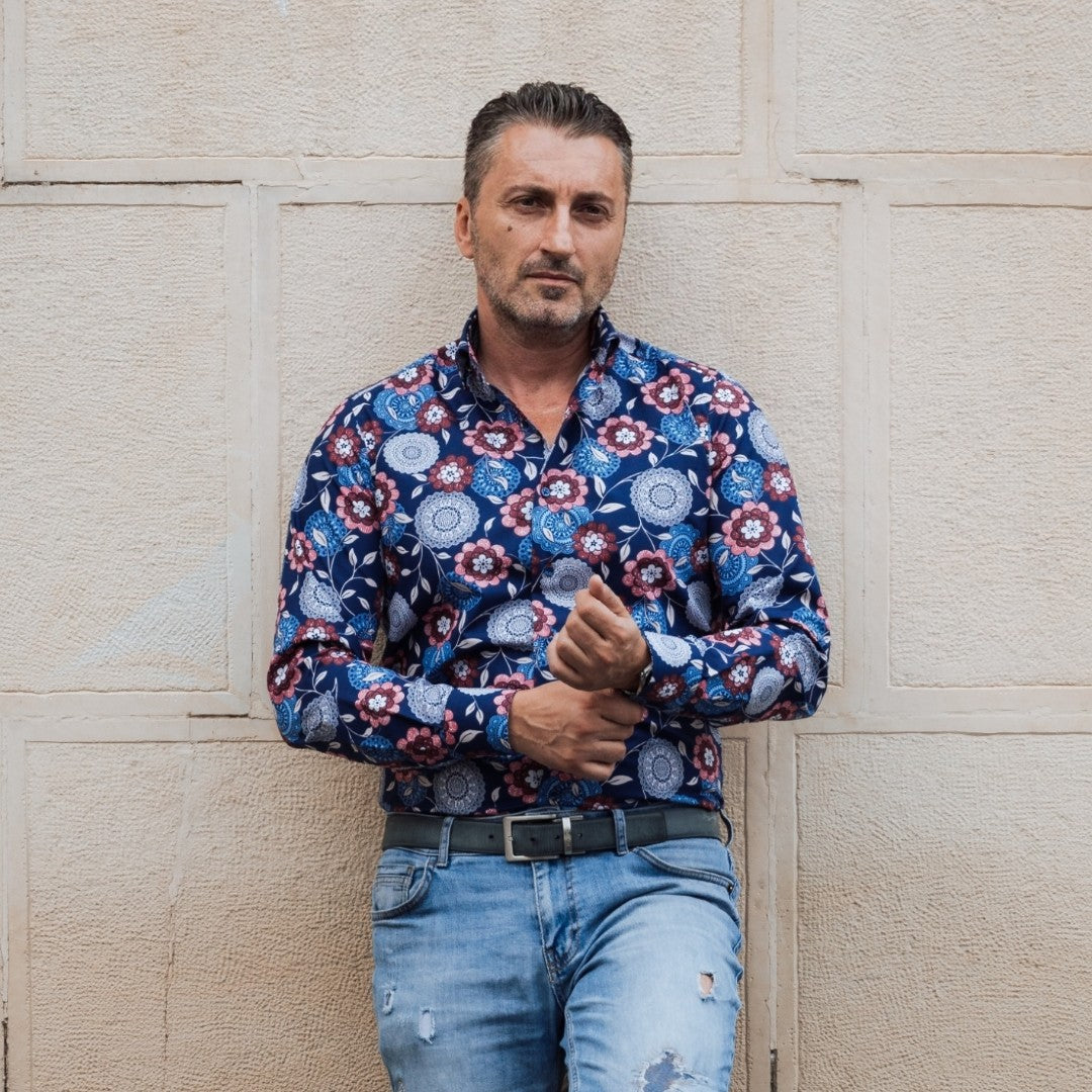 Camasa barbati casual imprimeu floral bleumarin Merer