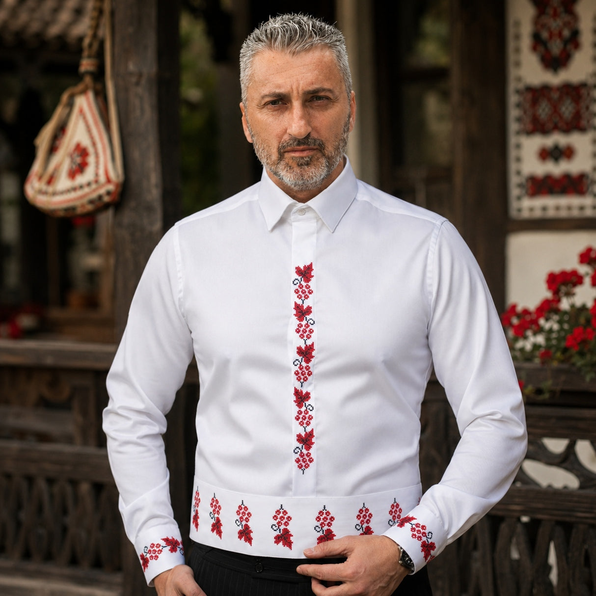 Camasa barbati casual alba traditionala si brau brodate cu motive struguri Merer