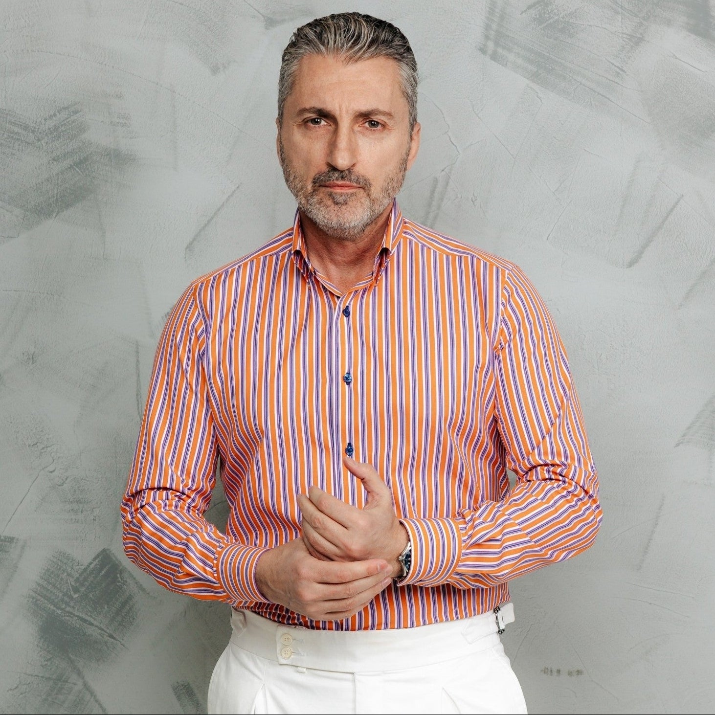 Cămașă bărbați Casual in dungi portocalii si bleumarin Merer