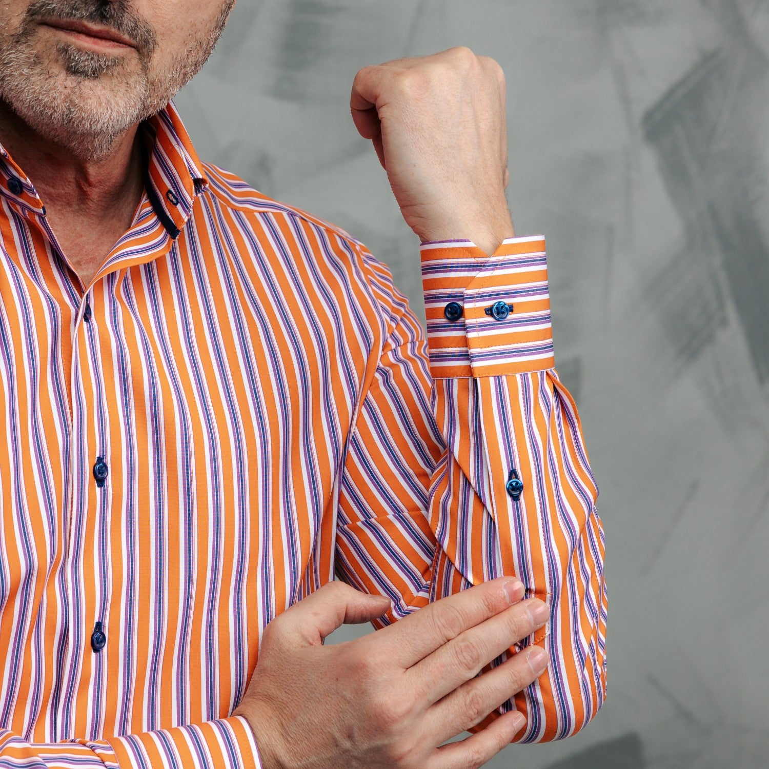 Cămașă bărbați Casual in dungi portocalii si bleumarin Merer