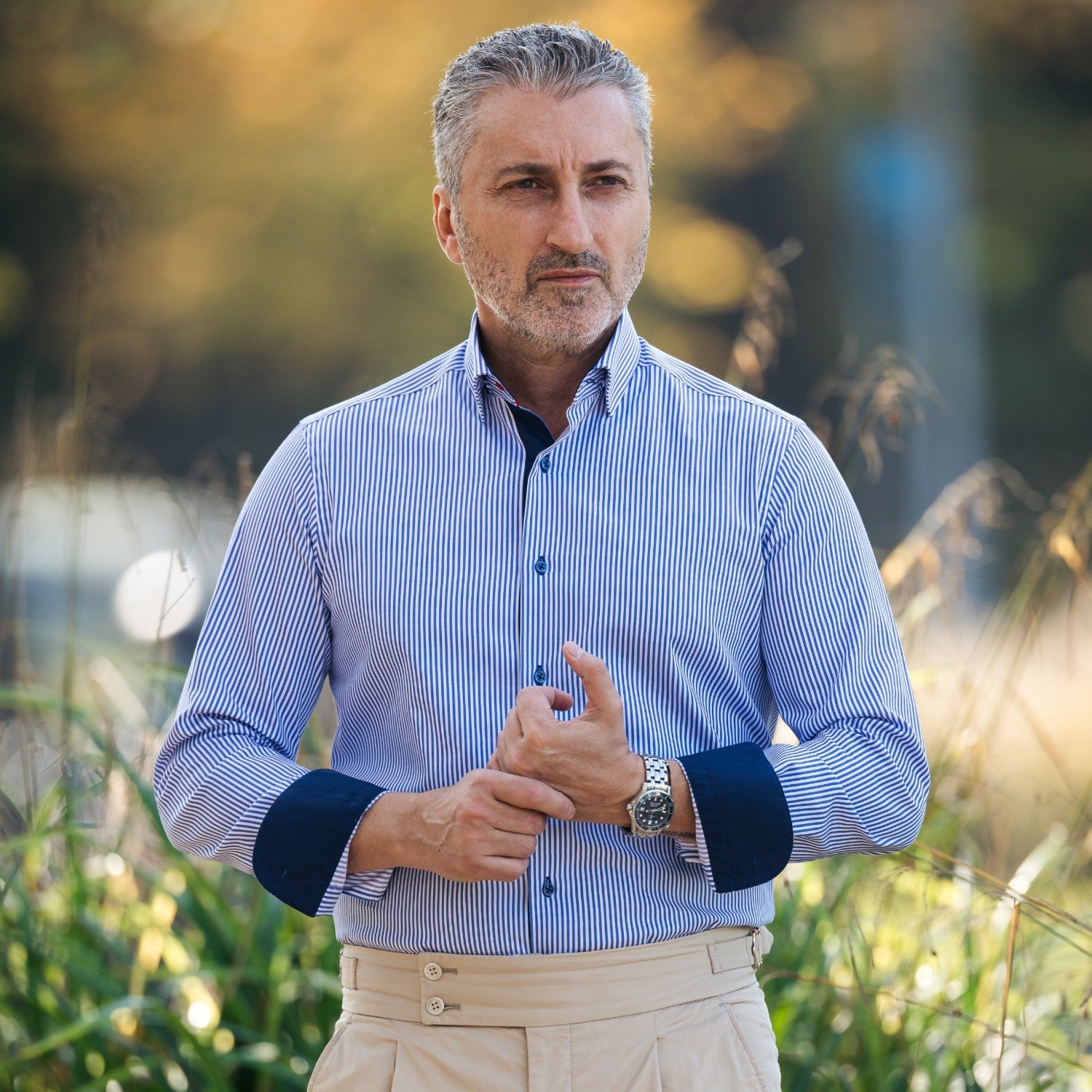 Camasa barbati business casual in dungi albastre cu garnituri Merer