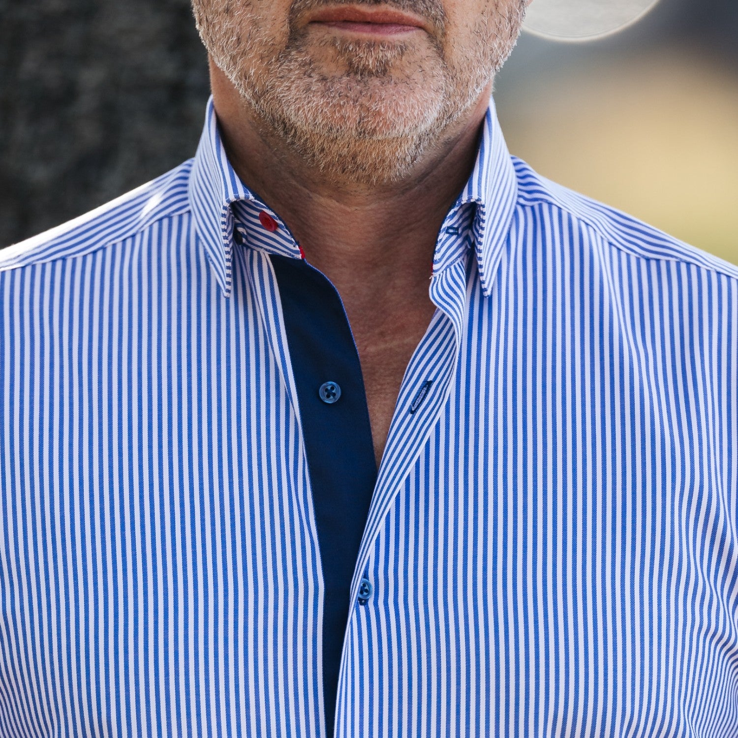 Men's business casual shirt in blue stripes with Merer trims