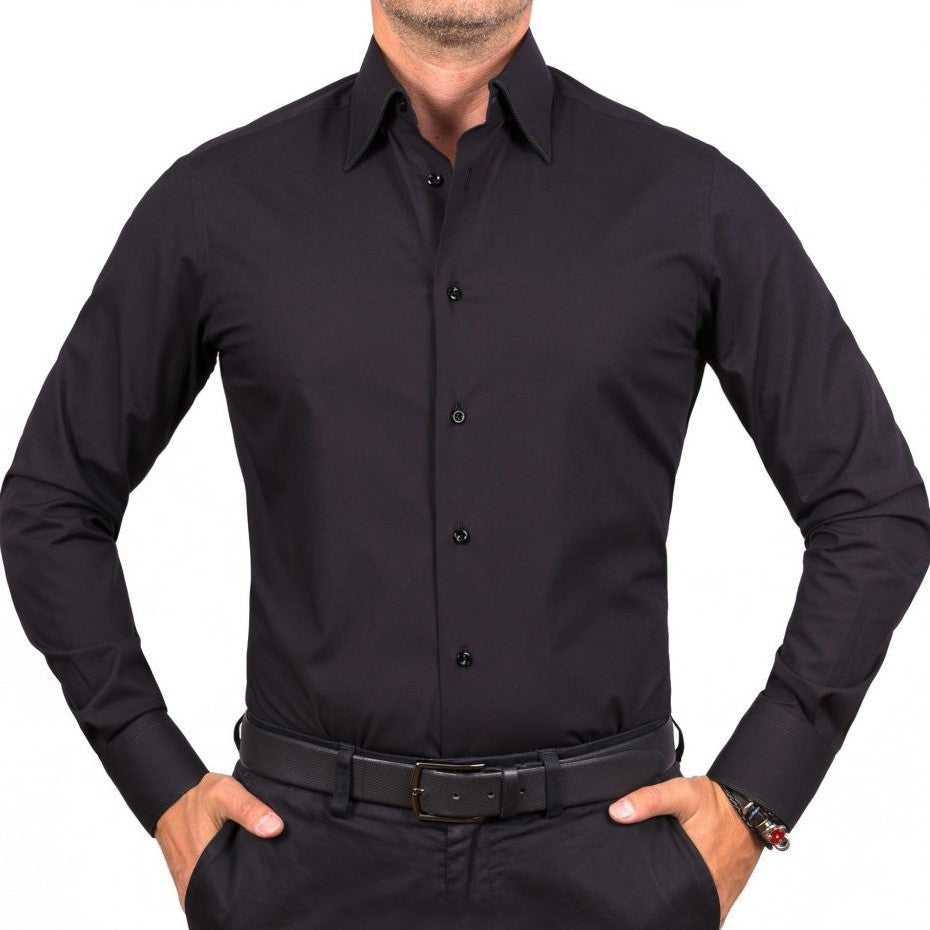 Men's casual plain black shirt with matching buttons Merer