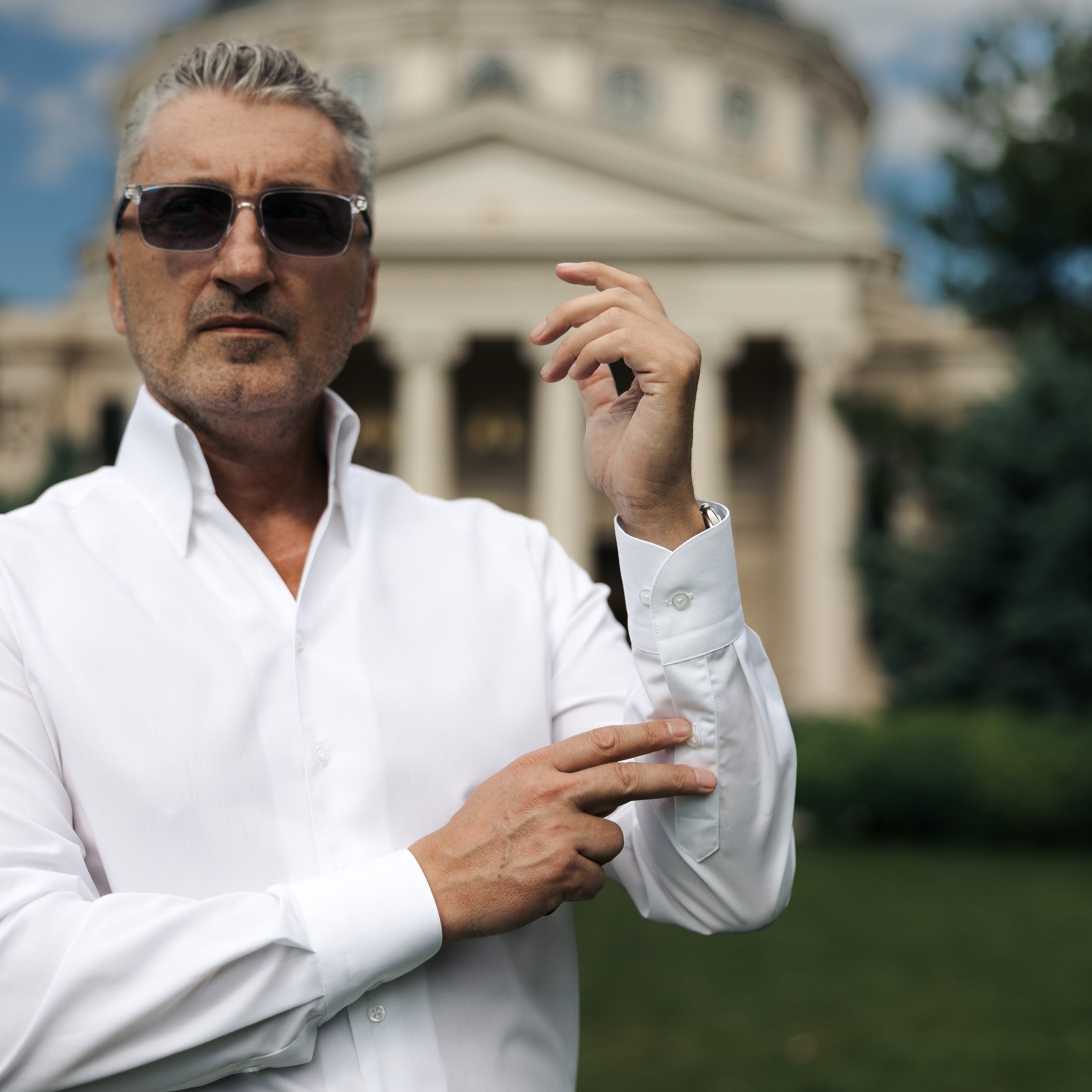 Camasa barbati alba casual guler foarte inalt fara nasturi Merer