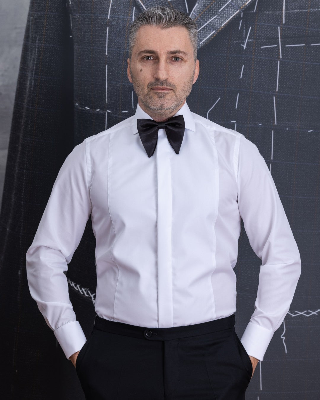 Camasa barbati alba ceremonie cu plastron lung Merer