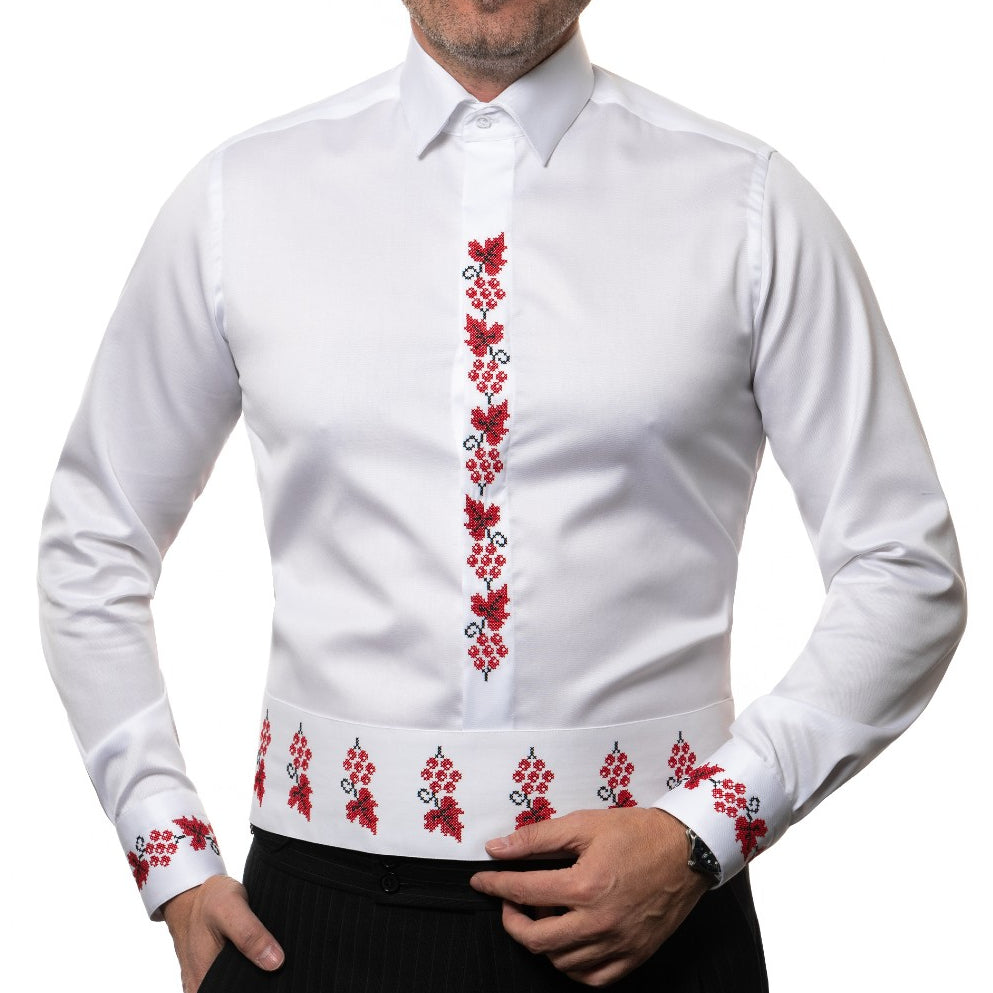 Men's casual traditional white shirt and belt embroidered with grape motifs Merer