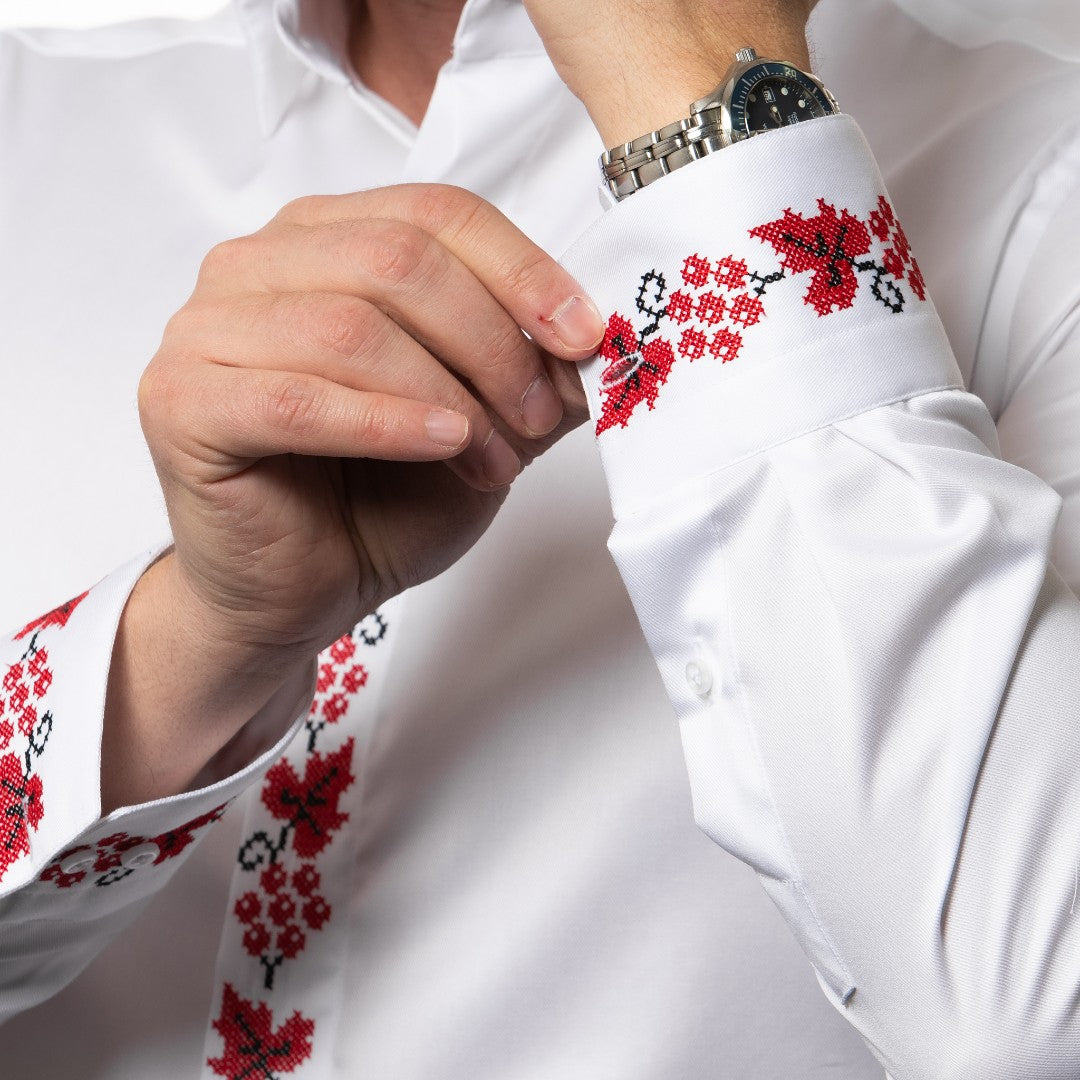 Men's casual traditional white shirt and belt embroidered with grape motifs Merer