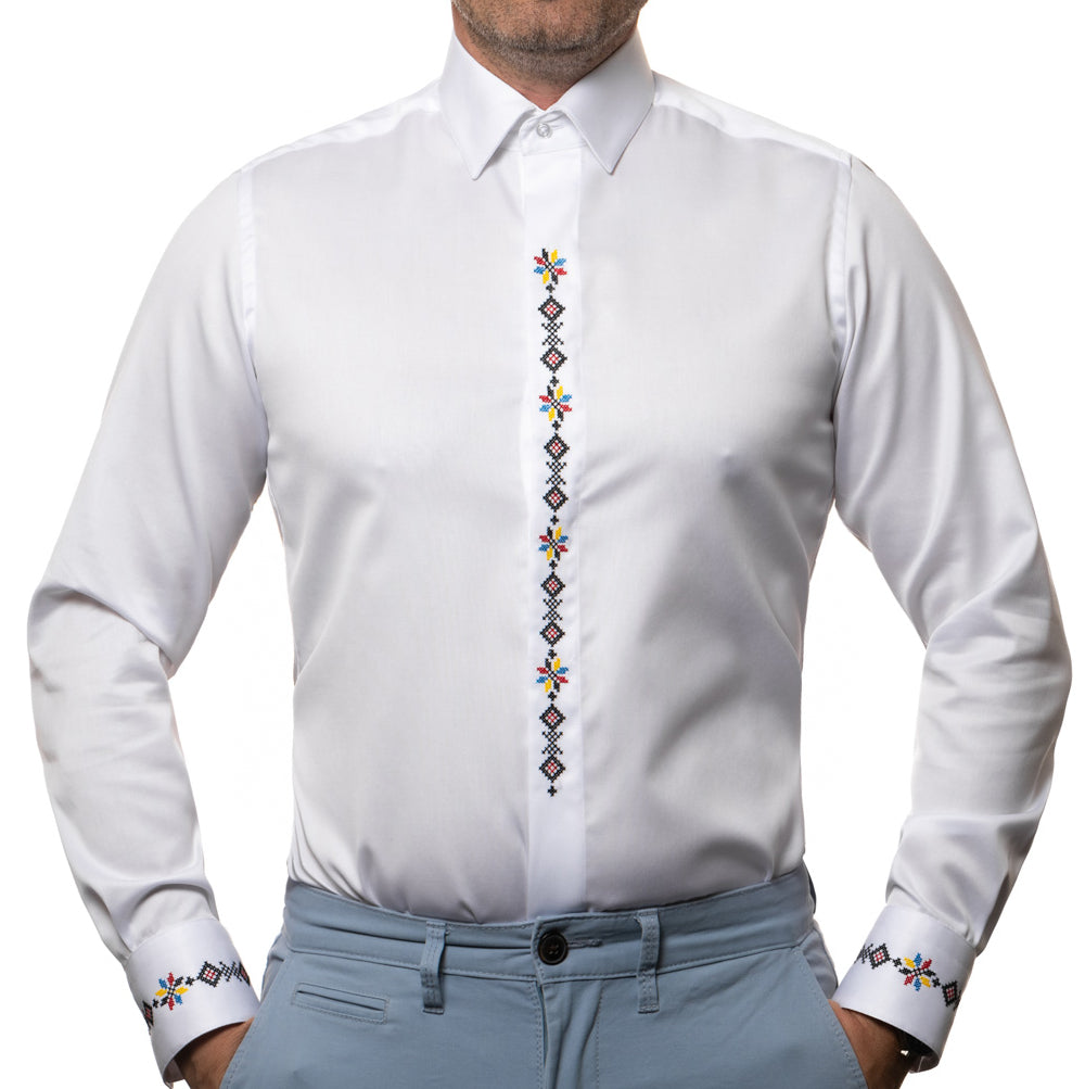 Men's casual white traditional shirt embroidered in four colors Merer