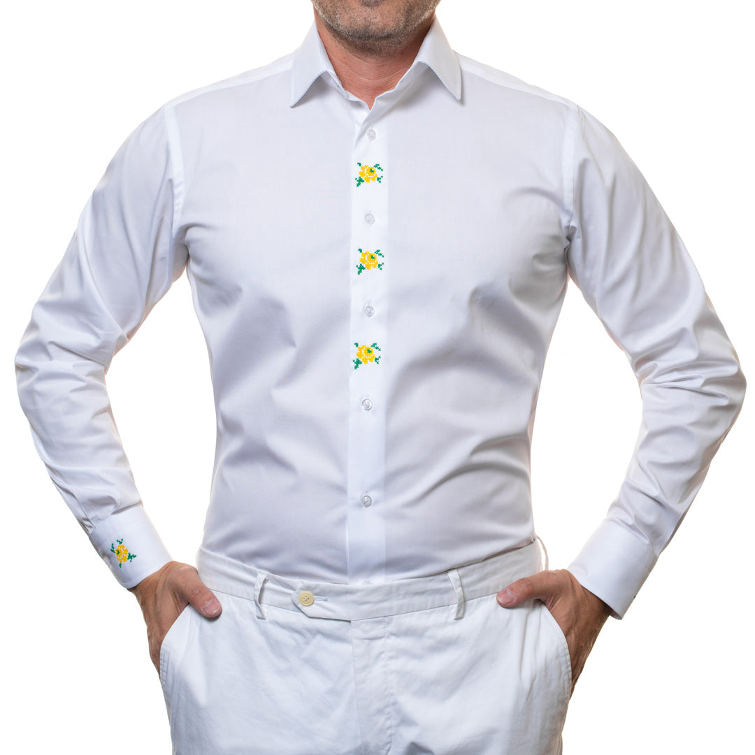 Men's casual white traditional shirt with green-yellow embroidery Merer