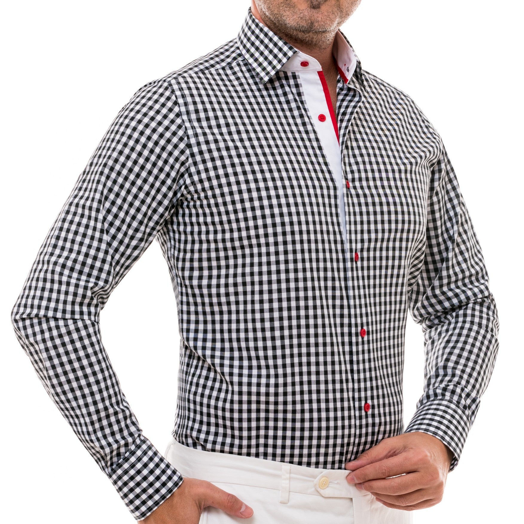 Men's casual black and white checked shirt with Merer design details