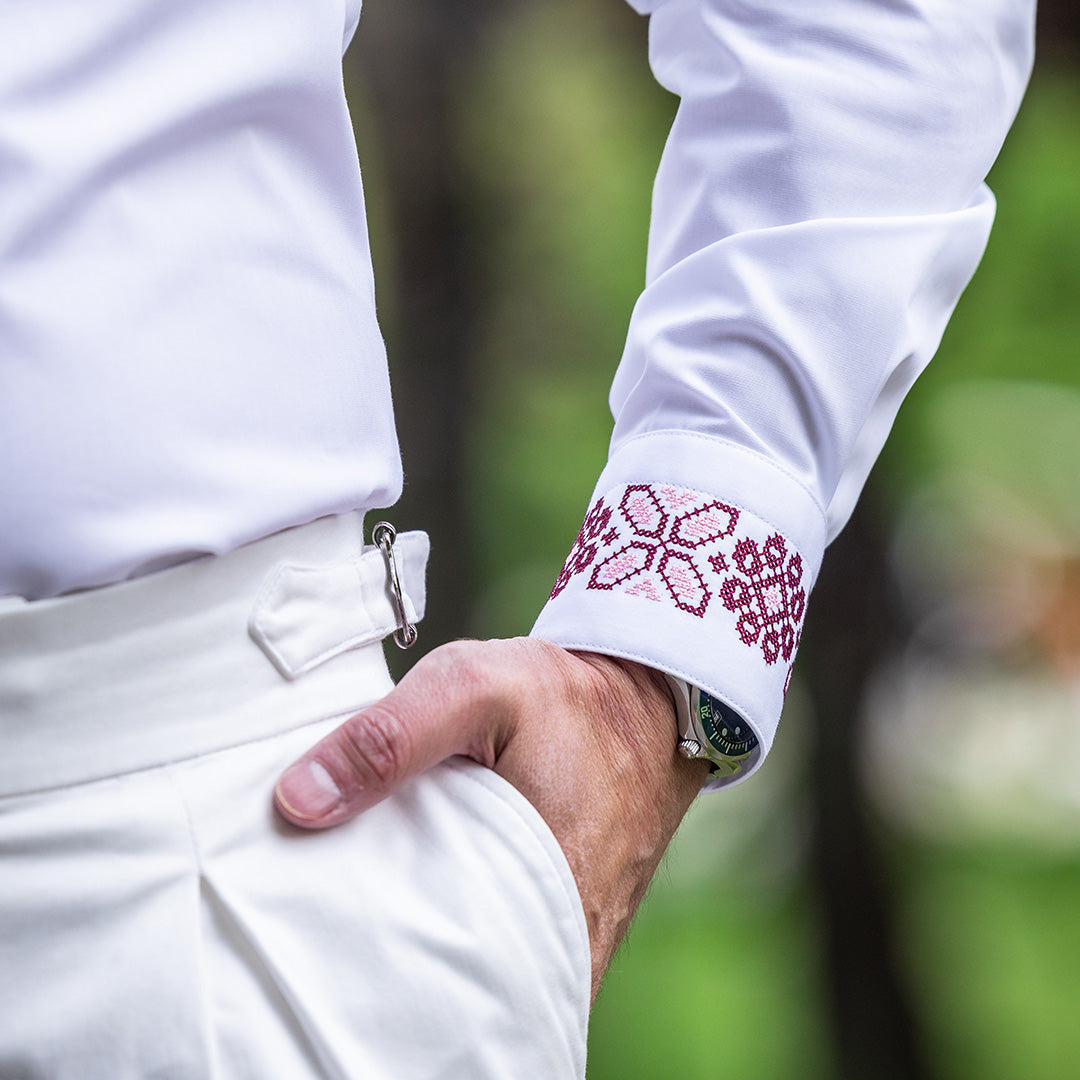 Men's casual white shirt with traditional motifs and navy blue and pink embroidery Merer