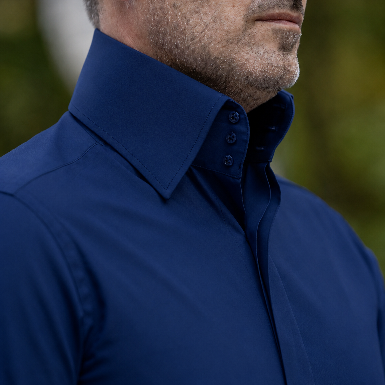 Men's black business casual shirt with very high collar