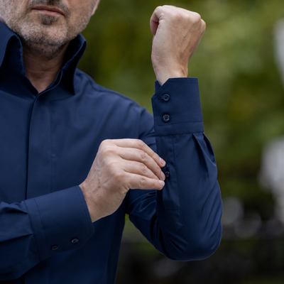 Men's black business casual shirt with very high collar