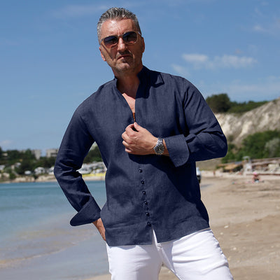 Men's casual navy blue linen shirt Merer