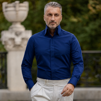 Men's black business casual shirt with very high collar