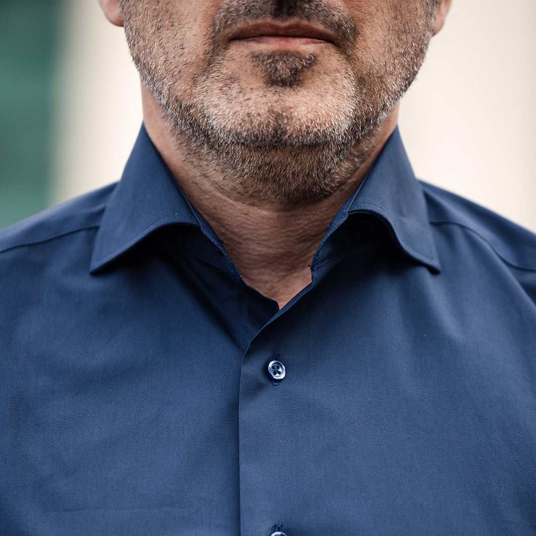 Casual navy blue plain shirt with color-matched buttons