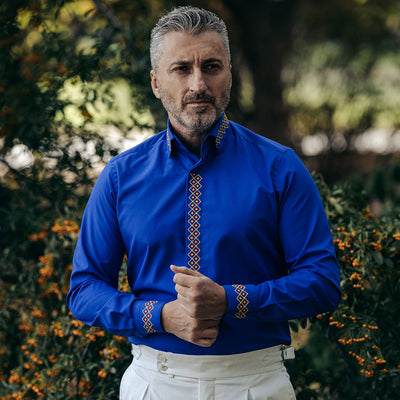 Men's casual blue shirt with traditional red-yellow embroidered motifs Merer