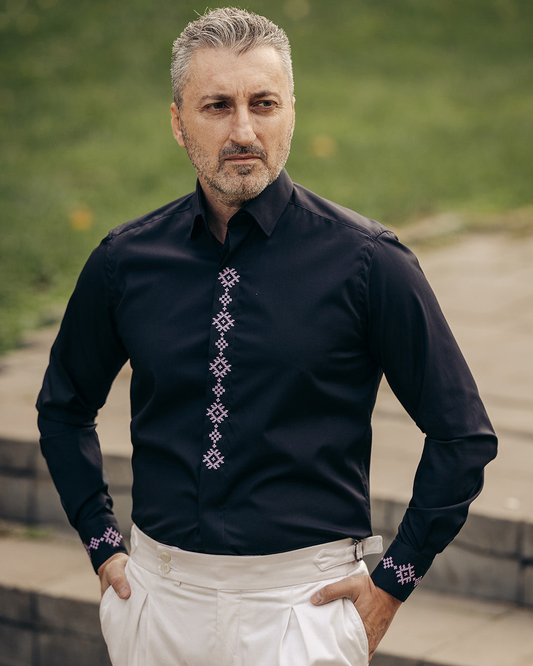 Men's casual black shirt with traditional purple embroidered motifs Merer