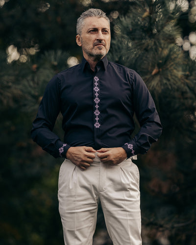 Men's casual black shirt with traditional purple embroidered motifs Merer