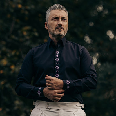 Men's casual black shirt with traditional purple embroidered motifs Merer