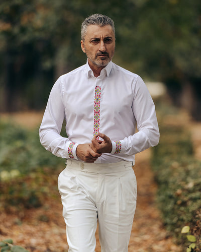 Camasa barbati casual alba motive traditionale brodate 4 culori Merer