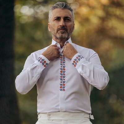 Camasa barbati casual alba motive traditionale brodate floral multicolor Merer