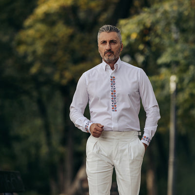 Camasa barbati casual alba motive traditionale brodate floral multicolor Merer