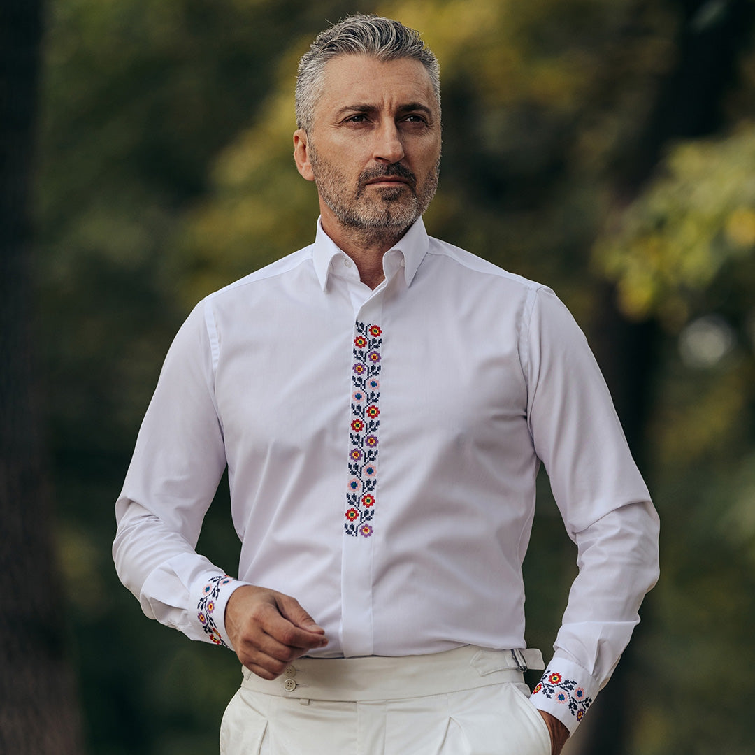 Camasa barbati casual alba motive traditionale brodate floral multicolor Merer