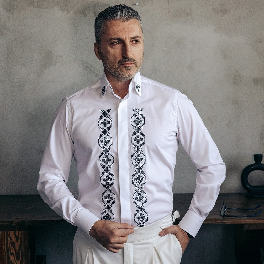 Men's casual white shirt embroidered with traditional black motifs Merer