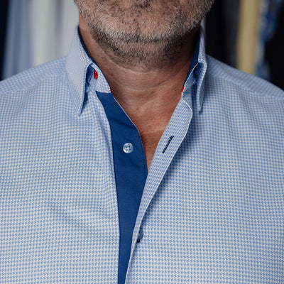 Camasa barbati business casual bleu pied de coq cu detalii design Merer