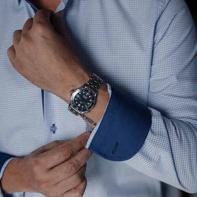 Camasa barbati business casual bleu pied de coq cu detalii design Merer